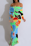 Purple Geometric Flowers Print Off Shoulder Long Sleeve Casual Outings Bodycon Maxi Dress