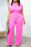 Rose Red Turndown Collar Short Sleeve Button-Down Casual Outings Wide Leg Shirt Jumpsuit