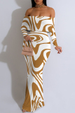 Black Zebra Print Off Shoulder Long Sleeve Casual Outings Bodycon Maxi Dress