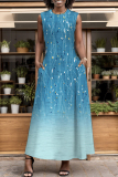 White Green Graphic Print O Neck Off Shoulder Sleeveless Casual Daily Striaght Loose Maxi Dresses