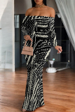 Black Zebra Print Off Shoulder Long Sleeve Casual Outings Bodycon Maxi Dress