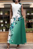 White Green Graphic Print O Neck Off Shoulder Sleeveless Casual Daily Striaght Loose Maxi Dresses