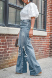 Blue Casual Solid Color Ripped High Waist Loose Straight Denim Jeans