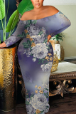 Purple Geometric Flowers Print Off Shoulder Long Sleeve Casual Outings Bodycon Maxi Dress