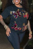 Black Sequins Butterfly Print O Neck Short Sleeve T Shirt and Shorts Casual Outings Two Piece Short Set