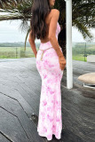 Blue Sexy Abstract Print Swing Collar Backless Sleeveless Belted Bodycorn Party Club Evening Halter Long Maxi Dresses