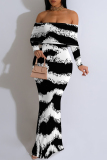 Black Zebra Print Off Shoulder Long Sleeve Casual Outings Bodycon Maxi Dress