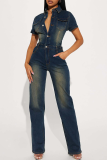 Dark Blue Shirt Collar Short Sleeve Buttton-Down Skinny Distressed Denim Jumpsuit