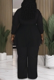 Black Zip-Up V Neck Long Sleeve Ruffled Top and Wide Leg Pant Office Lady Plus Size Two Piece Trouser Set