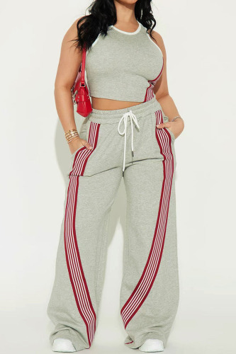 Grey Casual Sportswear Stripe Round Neck Sleeveless Vest and Wide Leg Sweatpants Two Pieces Trouser Sets