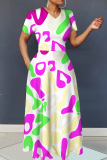 Black Graphic Print V Neck Short Sleeve Floor Length Casual Outing Loose Fit Maxi Dresses