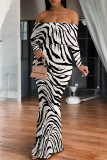 Black Zebra Print Off Shoulder Long Sleeve Casual Outings Bodycon Maxi Dress