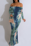 Purple Geometric Flowers Print Off Shoulder Long Sleeve Casual Outings Bodycon Maxi Dress