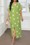 White Red Graphic Print V Neck Half Sleeve Front Slit Casual Outings Summer Loose Maxi Dresses