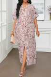 White Red Graphic Print V Neck Half Sleeve Front Slit Casual Outings Summer Loose Maxi Dresses