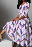 Light Purple Graphic Print V Neck Half Sleeve Casual Daily Twilled Satin Pleated Maxi Dresses