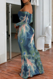 Purple Geometric Flowers Print Off Shoulder Long Sleeve Casual Outings Bodycon Maxi Dress