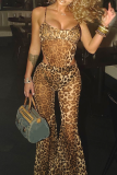 Leopard Print Sleeveless Spaghetti Strap Cami Romper and Flare Leg Pants Night Club Two Pieces Trouser Sets