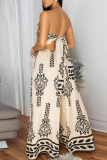 Black Graphics Print Backless Strapless Sleeveless Belted Casual Vacation Tube Tops Wide Leg Jumpsuits