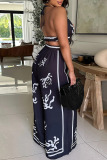 Apricot Graphics Print Backless Sleeveless Belted Halter Crop Tops And Wide Leg Pants Vacation Casual Two Pieces Trouser Sets