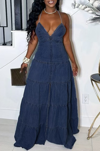 Blue Backless Sleeveless Belted Spaghetti Strap Ruffle Hem Casual Fitted Halter Denim Maxi Slip Dresses Blue Backless Sleeveless Belted Spaghetti Strap Ruffle Hem Casual Fitted Halter Denim Maxi Slip Dresses