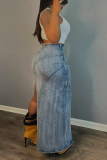 Blue High Waist Side Slit Casual Maxi Bodycon Denim Skirts