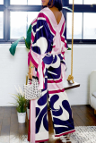 Rose Red Graphics Print V Neck Flare Sleeve Blouse And Pocket Wide Leg Pants Vacation Casual Two Pieces Trouser Sets