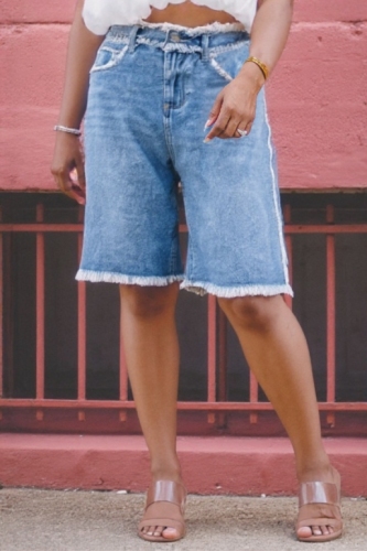 Blue High Waist Loose Fit Raw Hem Straight Casual Denim Shorts
