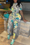 Green Floral Print O Neck Short Sleeve Casual One Piece Bodysuit Skinny Jumpsuits