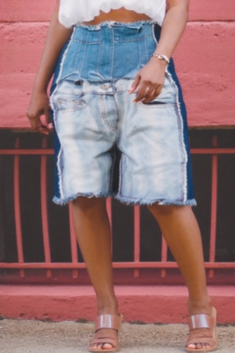 Blue High Waist Casual Distressed Denim Shorts