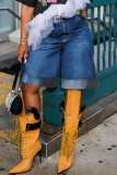 Blue High Waist Straight Casual Cropped Denim Shorts (Without Belt)
