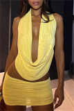 Purple Backles Sleevelesss See-Through Ruched Halter Tops And Mini Skirt Night Club Two Pieces Dress Sets