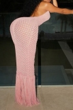Pink Backless Sleeveless Fringed Hem Vacation Halter Bodycon Maxi Dresses