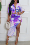Purple Floral Print Deep V Neck Half Sleeve Crop Tops And Side Slit Ruched Maxi Skirt Vacation Casual Two Pieces Dress Set