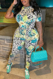 Green Floral Print O Neck Short Sleeve Casual One Piece Bodysuit Skinny Jumpsuits