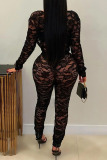 Black Lace Long Sleeve Hollow Out See-Through Bodysuit With Bra Night Club Two Pieces Sets