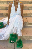 White 3D Flower Decor Backless Sleeveless Flower Shape Vacation Halter Maxi Dresses