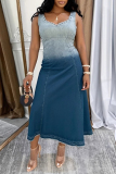Blue Gradient Square Neck Sleeveless Casual Denim Tank Maxi Dresses