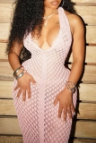 Pink Backless Sleeveless Fringed Hem Vacation Halter Bodycon Maxi Dresses