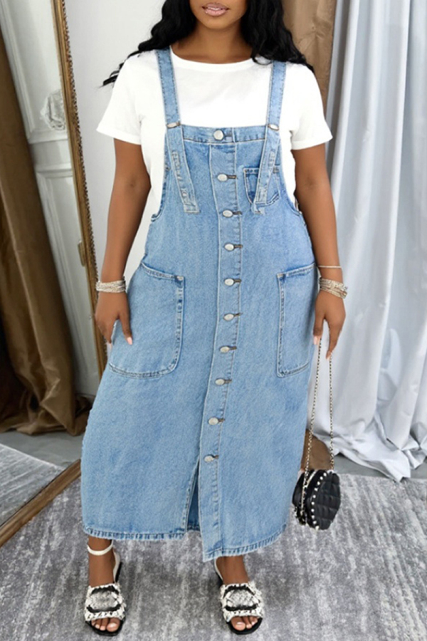 Blue Sleeveless Pocket Buttons Spaghetti Strap Casual Denim Overall Midi Dresses (Without T-shirt)
