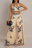 Apricot Graphics Print Backless Sleeveless Belted Halter Crop Tops And Wide Leg Pants Vacation Casual Two Pieces Trouser Sets