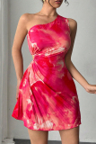 Red Gradient Print Sloping Shoulder Hollow Out Draw String Pleated Sleeveless Mini Dresses