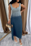 Blue Gradient Square Neck Sleeveless Casual Denim Tank Maxi Dresses