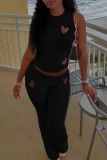 Off White Heart Shaped O Neck Sleeveless Hollow Out Tank Tops And Skinny Pants Casual Two Pieces Trouser Sets