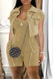 Khaki Turndown Collar Short Sleeve Blouse And Cami Romper Casual Two Pieces Sets