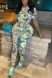 Green Floral Print O Neck Short Sleeve Casual One Piece Bodysuit Skinny Jumpsuits