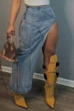 Blue High Waist Side Slit Casual Maxi Bodycon Denim Skirts