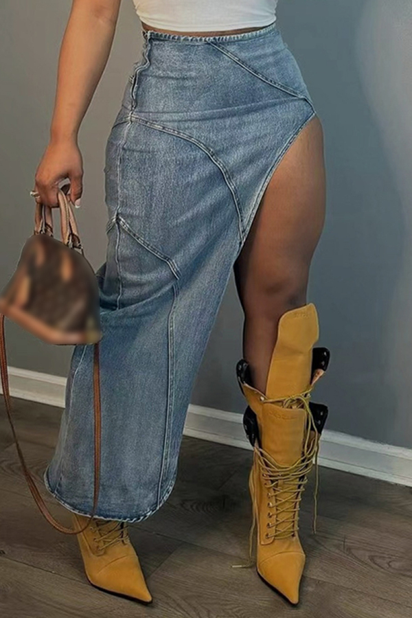 Blue High Waist Side Slit Casual Maxi Bodycon Denim Skirts
