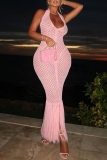 Pink Backless Sleeveless Fringed Hem Vacation Halter Bodycon Maxi Dresses