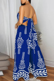 Black Graphics Print Backless Strapless Sleeveless Belted Casual Vacation Tube Tops Wide Leg Jumpsuits